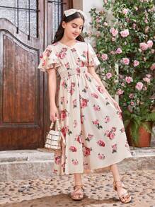 SHEIN Leap Crew 少女 V 领分层荷叶边袖腰部褶皱花卉印花连衣裙，母女配套服装（2 件单独出售） - 彩色 - 查看 6