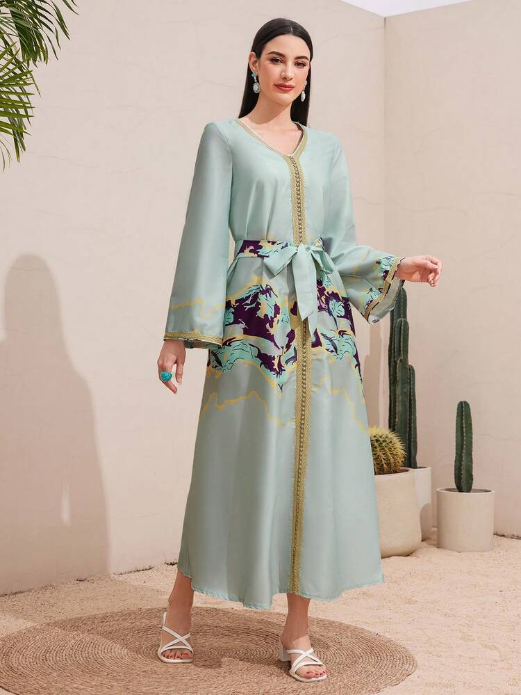 Patchwork Dress With Geometric Printed Ribbons Kaftan Jalabiya Dress