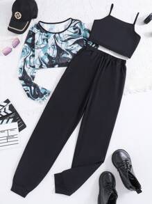 Top De Malla De Manga Larga Con Estampado De Mármol Informal Para Adolescentes, Conjunto De 3 Piezas Que Incluye Top Cami Y Pantalones, Perfecto Para Uso Diario En La Calle