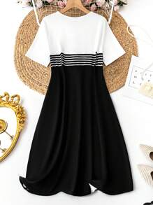 SHEIN LUNE Kích thước lớn Sọc Khối màu Đầm - Đen và trắng - Xem 2