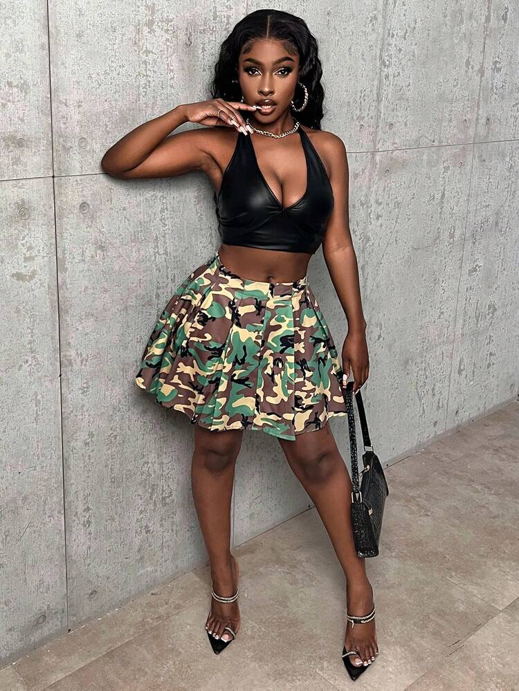 Women's Camouflage Printed Pleated Skort