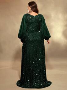 UNITHORSE Plus Size Lantern Sleeve Sequined Formal Dress, Elegant Long Sleeve Prom Evening Wedding Guest Gown, For Graduation, Dinner, Bride Dress, Birthday Women Outfits, Graduation Dress - 墨綠色 - 查看 2