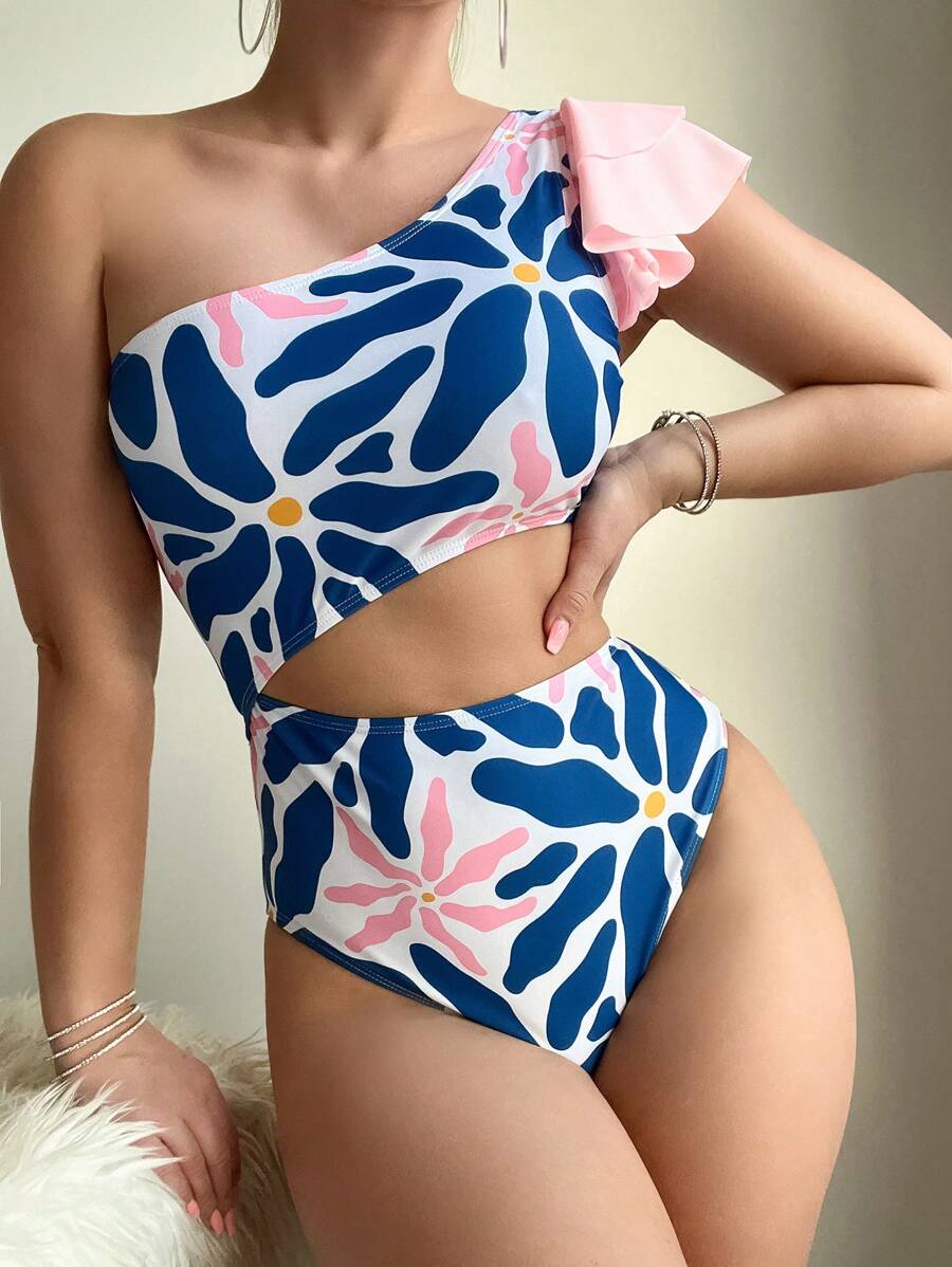SHEIN Swim Summer Beach Ladies' One Shoulder Cut-Out Printed Swimsuit With Plant Pattern - Multicolor - View 1