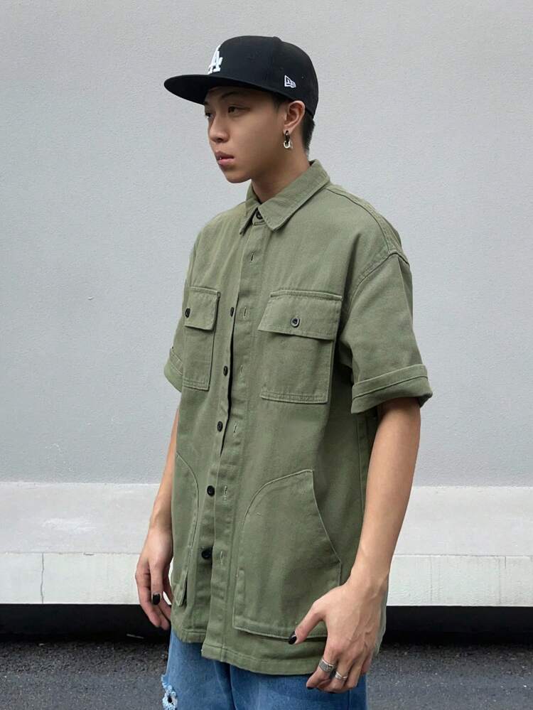 Men's Solid Color Button-Front Denim Shirt With Chest Pocket