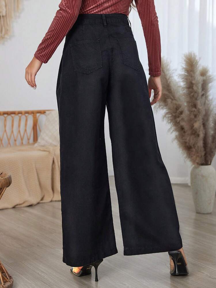 Solid Color Denim Pants With Slanted Pockets
