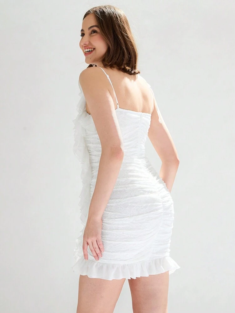 レディース レース ワンピース ミニドレス ギャザー ショルダー ラッフル ヘム