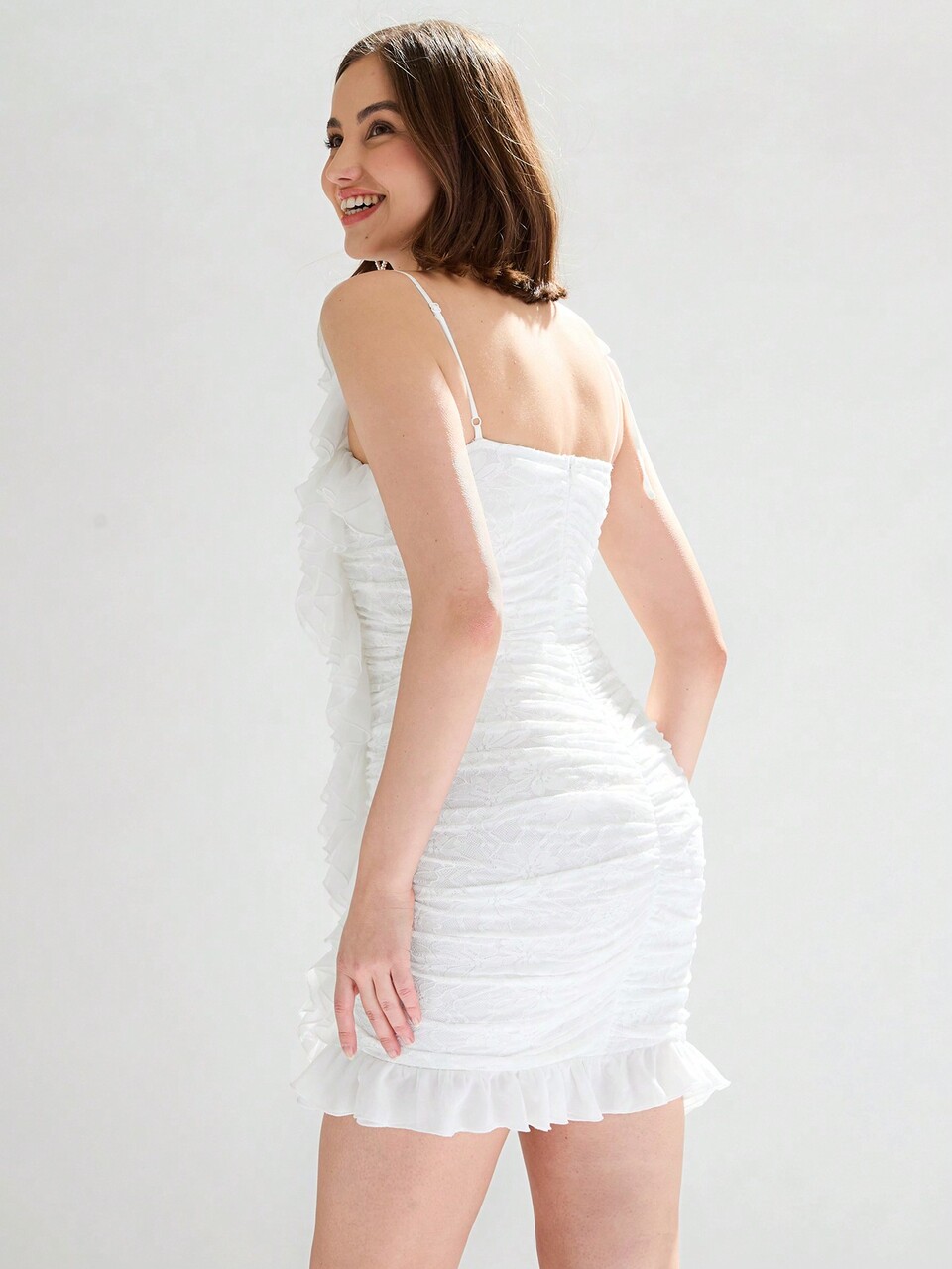 Ladies' Lace Gathered Asymmetrical Shoulder Ruffle Hem Delicate Mini Dress