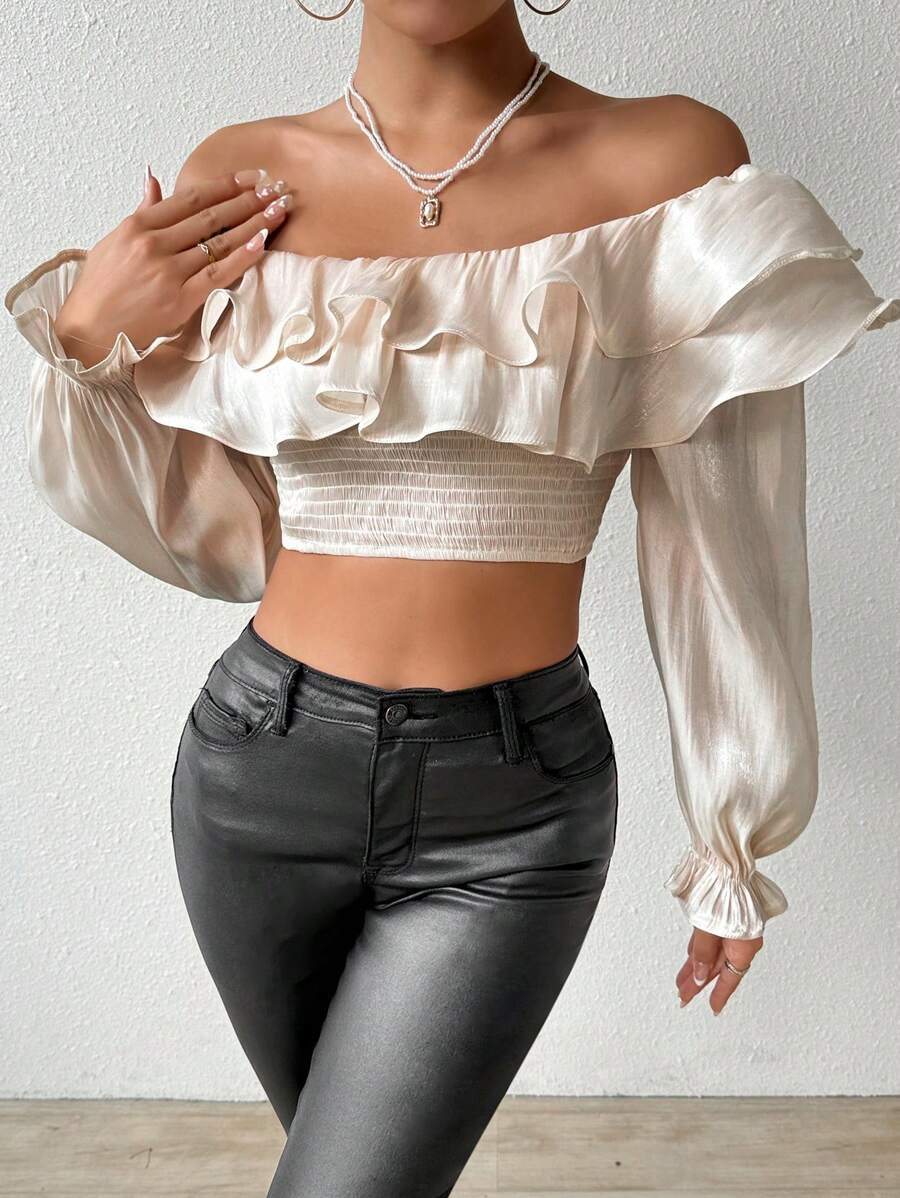SHEIN Allurite Women's Off Shoulder Ruffle Trim Blouse - Apricot - View 1