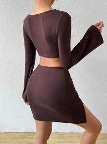 Zolique 女性的方頸拉鍊裝飾短款t恤和裙子套裝 - 咖啡棕 - 查看 2