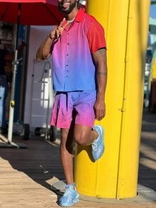 Manfinity RSRT 男款漸變色polo領短袖襯衫和短褲套裝 - 彩色 - 查看 7