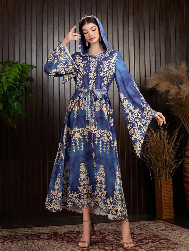 Women's Arabian Style Hooded Dress With Full Print And Flared Sleeves