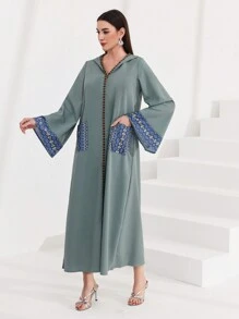 Al Najma Hooded Dress With Patchwork Design And Printed Ribbon Detail, Modest Kaftan