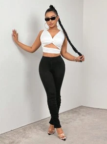 SHEIN SXY Vaqueros De Mezclilla Ajustados Con Dobladillo Plisado Y Dividido Para Mujer