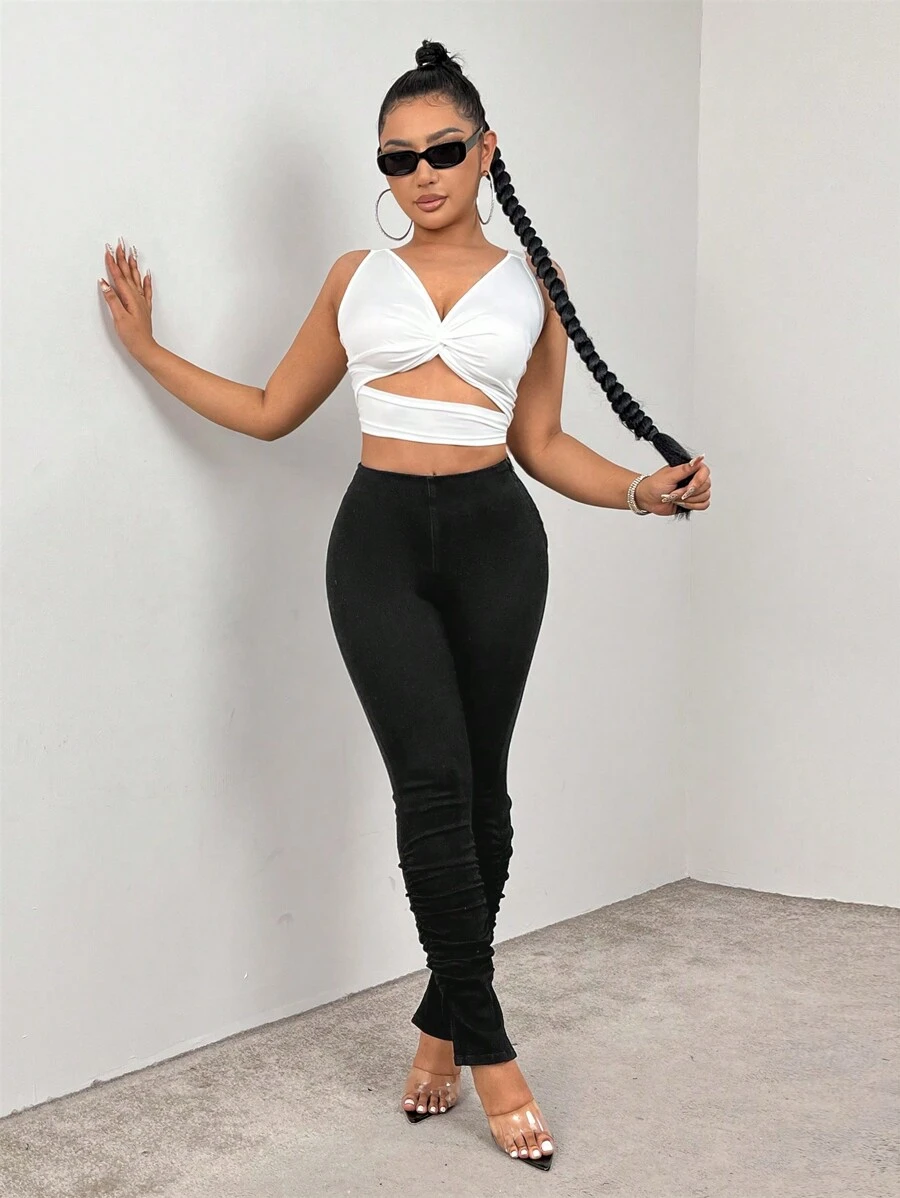 SHEIN SXY Women's Slim Fit Denim Jeans With Pleated And Split Hem - Black - View 1