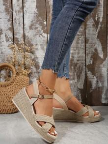 女性米色交錯編織涼鞋,時尚百搭適合戶外穿著 - 米色 - 查看 2