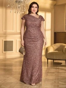 UNITHORSE UNITHORSE Plus Size Sequin Ruched Asymmetric Neckline Formal Dress Party Dress Wedding Guest Dress Evening Dress, Bride Dress, Birthday Women Outfits, Graduation Dress,Gown