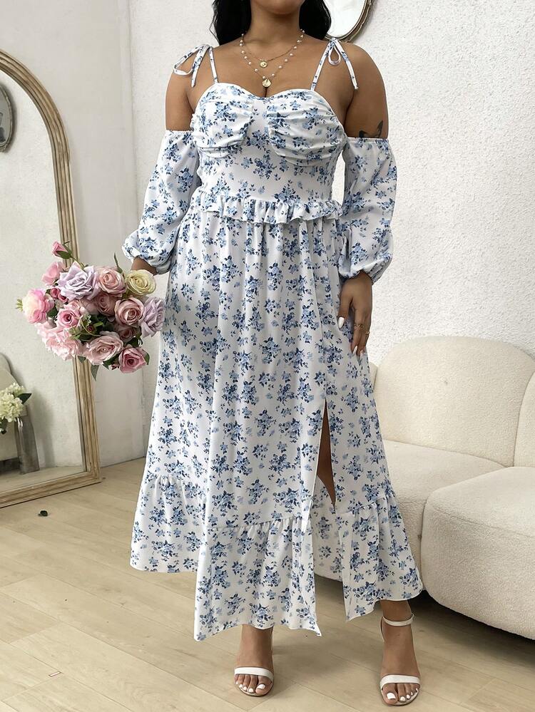 Plus Size Women's Off Shoulder Full Flower Print Dress