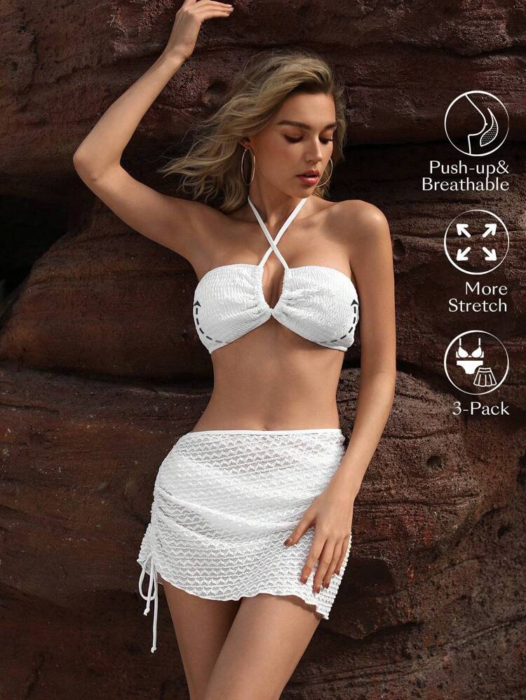 Summer Ladies Solid Texture Halter Bikini Set Wedding