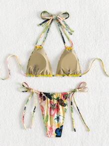 SHEIN Swim Conjunto de bikini de escote de halter con estampado floral para mujer, para la playa de verano