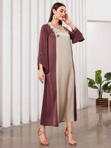 Al Najma 女士阿拉伯風格彩色拼接連衣裙,飾有鑽石 - 棕色 - 查看 5