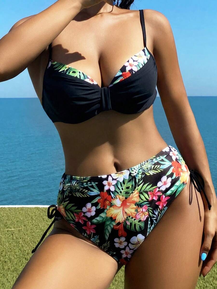 SHEIN Swim Bộ bikini chắp vá in họa tiết nhiệt đới dành cho nữ Carnival Bãi biển mùa hè - Nhiều màu - Xem 1