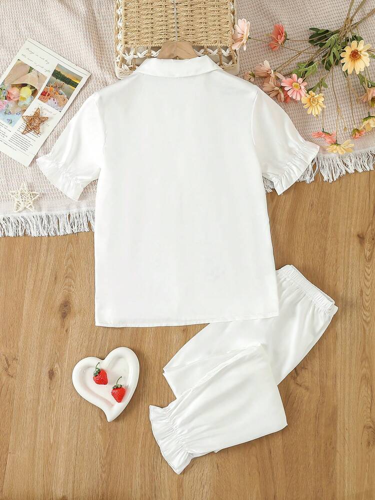 Teen Girls' Simple White Solid Color Pants And Short Sleeve Top With Two Pockets, Casual 2pcs Home Clothes