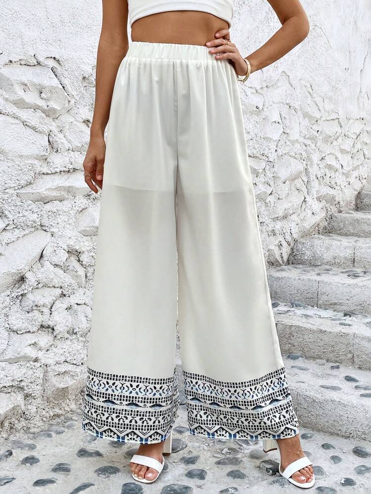 Women's Elastic Waist Wide Leg Pants With Geometric Patterns