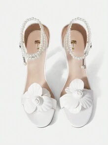 SheIn Belle Ladies' Round Toe High Heel Sandals With Pearl Chain And Flowers For Wedding Or Party - White - View 3