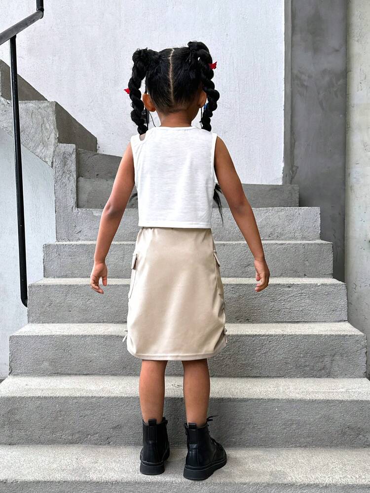 Young Girls' Printed Hollow Out Vest And Drawstring Pleated Skirt Set