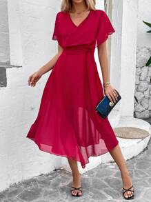 SHEIN Clasi Women's V-Neck Mesh Splice Dress - Red - View 4