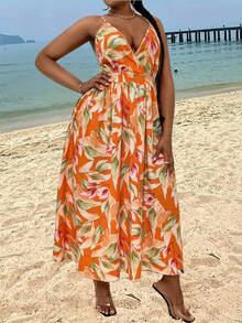 SHEIN Holidaya 女款大尺寸全印花 V 領腰掛脖連身裙