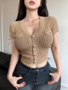 DAZY Cổ chữ V Nút xuống Ngắn tay Quần skinny Áo len Mở - Lạc đà - Xem 8