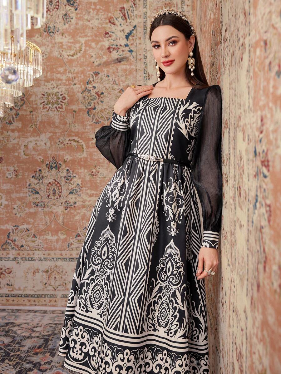 Modelyn Women's Full Print Puff Sleeve Dress - Black - View 1