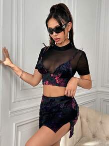 SHEIN ICON 網布面板花紋短上衣和裙子套裝 - 黑色 - 查看 6