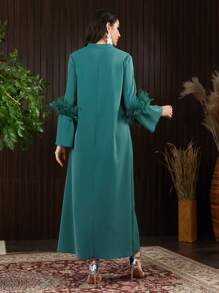 Al Najma Geometric Pattern Notched Neckline Fuzzy Decorated Dress - Green - View 2