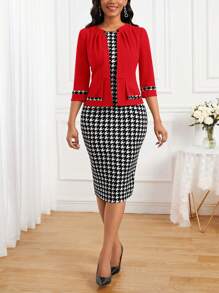 SHEIN Lady Women's Sleeveless Houndstooth Dress And Open Front Jacket Set - Red - View 6