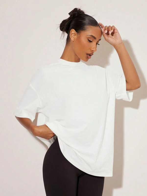 SHEIN BASICS Camiseta Casual De Mujer Con Hombros Caídos Y Ajuste Holgado Y De Color Sólido