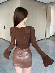 DAZY Của phụ nữ Vòng cổ Tay áo dài Áo thun - màu nâu - Xem 2