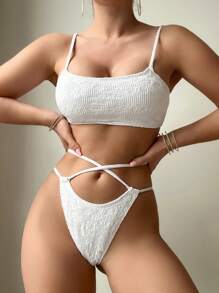 SHEIN Swim 女士纹理交叉带抹胸比基尼套装 夏季 - 白色 - 查看 1