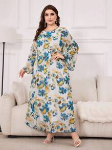 Al Najma 帶有花卉印花和鐘形袖的大碼阿拉伯服裝 - 彩色 - 查看 3