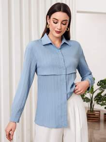Camisa De Manga Larga Con Textura De Color Sólido - Azul - Ver 3