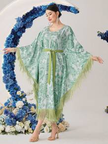 Al Najma Vestido con mangas tipo murciélago con flecos y estampado paisley bohemio, kaftán modesto - Verde - Ver 6