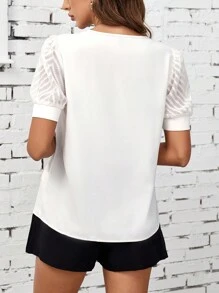 SHEIN Clasi 女裝透明網紗泡泡袖v領襯衫 - 杏色 - 查看 2