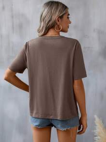 SHEIN LUNE Của phụ nữ Thêu hoa Áo thun Với Cổ áo có khía - Cà phê nâu - Xem 2