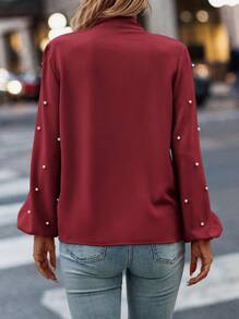 EMERY ROSE Ngọc trai đính cườm Cà vạt Tay áo lồng đèn Áo sơ mi - Màu Đỏ Sâu - Xem 2