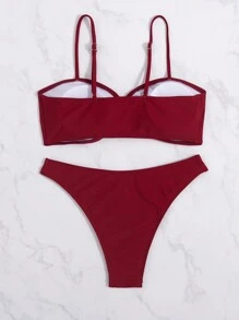 SHEIN Swim 纯色两件套比基尼套装夏季海滩 - 酒紅色 - 查看 2