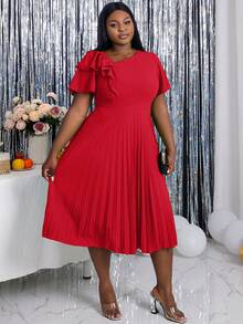Plus Size Women Asymmetric Neckline Elegant Ruffle Sleeve A-Line Dress, Suitable For Commute, Graduation Ceremony, Church Service, Graduation Gown - Red - View 5
