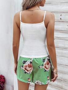 SHEIN LUNE 女士肋紋純色背心上衣和花卉印花短褲2件套裝 - 綠色 - 查看 2