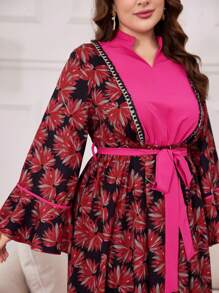 Al Najma Plus Size Floral Print Notched Collar Dress With Waist Belt, Arabic Clothing Kaftan Jalabiya Dress - Multicolor - View 3