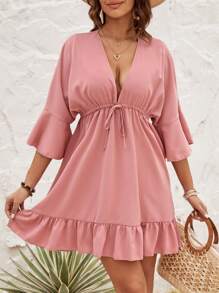 SHEIN VCAY 女士深v領波浪袖洋裝